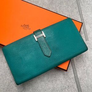 美品 HERMES エルメス ベアン スフレ ヴォーエプソン 長財布 シルバー金具 ウォレット エメラルド グリーン レディース メンズ