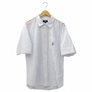 ステューシー STUSSY boxy stripe shirt ボクシー ストライプ シャツ ロゴ刺繍 半袖 ポケット ワイドカラー コットン シャツ M WHITE ホワ