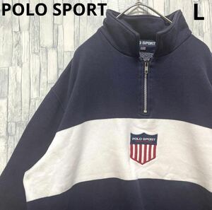 POLO SPORT ポロスポーツ ラルフローレン 長袖 ハーフジップ トレーナー スウェット 刺繍ロゴ ワッペン L ネイビー 裏起毛 フェード 90s