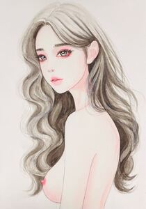 手描きイラスト　水彩原画　亜麻色の髪の乙女