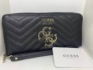 良品 ゲス GUESS ラウンドファスナー 長財布　ストラップ ブラック 12時間以内発送