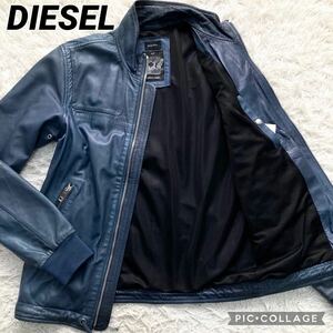 美品 希少 DIESEL ディーゼル ラムレザー ライダースジャケット ブルゾン シングル パンチング ロゴ 羊革 ブルー 青 メンズ