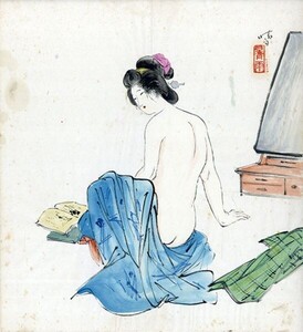 伊藤晴雨画稿「服を脱ぐ女性」　彩色　和紙　サイン、落款　27×25　Seiu Ito