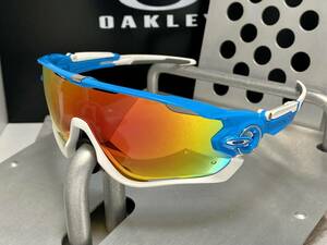 偏光レンズ★OAKLEYオークリーJAWBREAKERジョウブレーカー ブルー白ホワイト/POLARISEDミラー 自転車ロードバイク ブレイカー ケース付