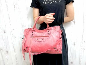 美品 BALENCIAGA バレンシアガ ザ・シティ ハンドバッグ ショルダーバッグ バッグ レザー ピンク A4収納可 2WAY 72346