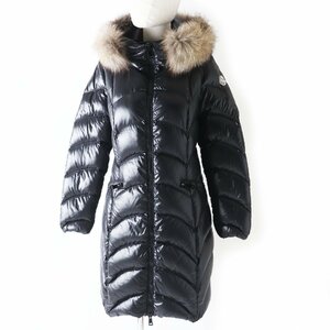 極美品 MONCLER モンクレール ALBIZIA ロゴワッペン フォックスファー・フード付き ZIP ロングダウンコート ブラック 1 レディース