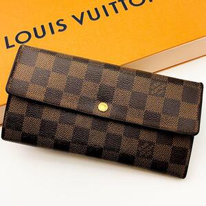 【美品】ルイヴィトン LOUIS VUITTON ダミエ エベヌ ポルトフォイユ サラ 長財布 二つ折り ブラウン カード入れ10個 メンズ レディース