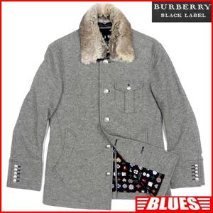 即決★BURBERRY BLACK LABEL★メンズM 廃版 ステンカラーコート ジャケット バーバリーブラックレーベル グレー ラビットファー モノグラム