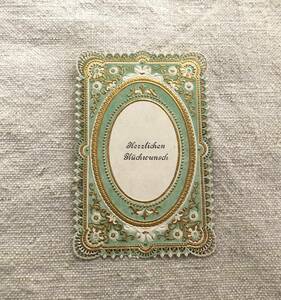 フランスアンティーク　ホーリーカード　カード　金彩　エンボス　グリーン　小花柄　コラージュ　紙もの　文字　