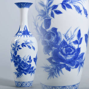 BR2174-中国美術 薄胎 景徳鎮製 青華 染付花鳥文花瓶・唐物・高21.5cm