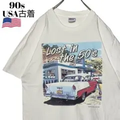 希少90s USA古着 Hanes tシャツ 50sレトロカー 白 L アメカジ