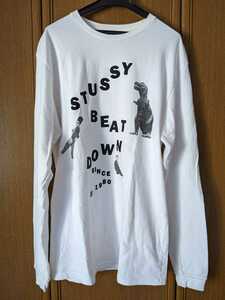 STUSSY　長袖Tシャツ 白色　ホワイト　黒色　ブラック　Lサイズ 恐竜　怪獣　USA製　即決　ステューシー　オールド　90s　