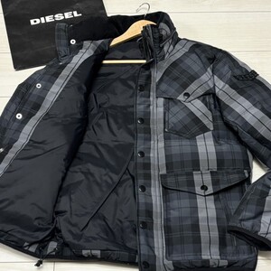 未使用級/Lサイズ相当●DIESEL ディーゼル ダウンジャケット チェック 黒グレー 中綿 アウター ブルゾン ブラック 刺繍 グレー 肩ロゴ 