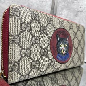 【希少/美品】 GUCCI グッチ 長財布 ラウンドファスナー ミスティックキャット 猫 ワッペン GGスプリーム レザー PVC レッド 赤 小銭入れ