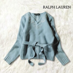 53 【RALPH LAUREN】 ラルフローレン 刺繍 ニット セーター M 水色 ブルー ベルト ウール100％ Vネック ベルト レトロ 秋冬 レディース 