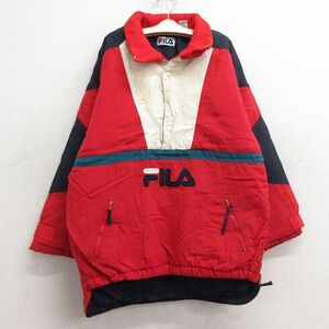 【30%OFF】古着 フィラ FILA 長袖 ナイロン ジャケット キッズ ボーイズ 子供服 90s ビッグロゴ 襟フリース スナップT 赤他 レッド 23d 3OF