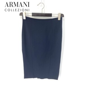 A6642/美品 春夏 ARMANI COLLEZIONI アルマーニコレッツォーニ フロントジップ デザイン 膝丈 タイト ペンシル スカート 38 紺/レディース