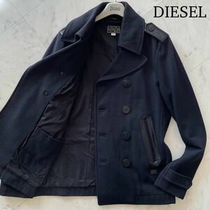 美品/Lサイズ★ ディーゼル DIESEL メルトンウール ピーコート Pコート ジャケット ラムレザー切替 ロゴボタン 羊革 ビジネスシーンにも◎