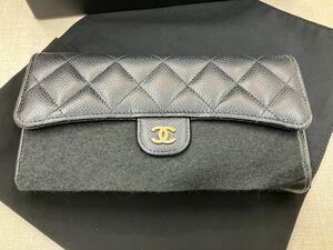 A【5D316】シャネル マトラッセ キャビアスキン 長財布 黒 ココマーク CHANEL ブラック カード有り