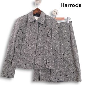 Harrods ハロッズ 秋冬 スパンコール♪ ウール ツイード ジャケット&スカート セットアップ Sz.2 レディース グレー 日本製　K4T01906_B#N