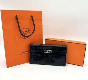 最終 HERMES エルメス ケリーウォレット アリゲーター ブラック シルバー金具 □Ｍ刻印 長財布 ウォレット