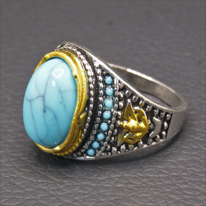 [RING] Antique Design Turquoises Stone オーバル ターコイズ ブルー ストーン シルバー & ゴールド 17mm ワイドリング 17号