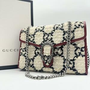 極美品／レア☆GUCCI グッチ デュオニュソス チェーンウォレット 2Way GG柄 箱付き 財布 ボア 白 ホワイト レザー ショルダー ポーチ