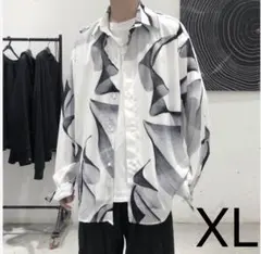 メンズ　長袖　シャツ　柄シャツ　カジュアル　白　XL