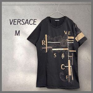 美品 VERSACE ヴェルサーチ メデューサ エンブレム ロゴ Tシャツ 半袖 メンズ 黒ブラック Mサイズ