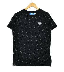 即決【adidas】アディダス ドット総柄 Tシャツ トレフォイルロゴ 黒 M 古着