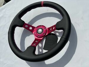 NRG 35Φ 3”ディープデッシュ ブラックレザー FUSHIA (赤紫）スポーク＆センターマーク USDM ドリフト STANCE RST006FH 正規輸入品 即納