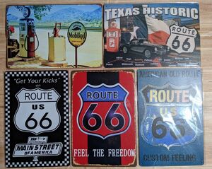 ブリキ看板 5枚　☆　ルート66 ROUTE66 給油所 アメ車 FEEL THE FREEDOM TEXAS HISTORIC メタルプレート