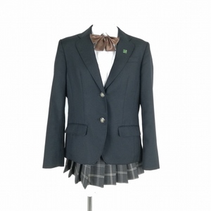 1円 ブレザー マイクロミニスカート リボン 上下4点セット L 大きいサイズ 冬物 女子 学生服 大阪みどり清朋高校 黒 中古 ランクB EY3538