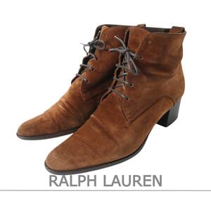 RALPH LAUREN ラルフローレン 6.5B プレーントゥ レースアップ チャンキーヒール ショートブーツ 茶 ブラウン