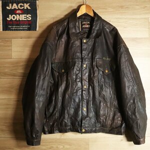 J13Y/Y4.17-4　ユーロ古着　JACK & JONES　レザートラッカージャケット　本革　革ジャン　皮ジャン　XXL　２XL　メンズ　ブラウン　古着