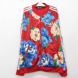 古着 アディダス adidas 長袖 ジャージ キッズ ボーイズ 子供服 ビッグロゴ リーフトレフォイル 花柄 ラグラン 赤他 レッド 3本ライン 25ja