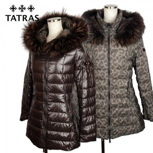 ★美シルエット★ TATRAS タトラス 2WAY リバーシブル Aライン ラクーンファー ダウンジャケット コート レオパード ブラウン 02サイズ M