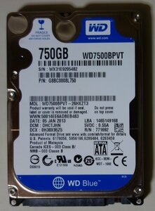 3881 2.5インチ内蔵SATAハードディスク 9.5mm 750GB WesternDigital WD7500BPVT-26HXZT3 5400rpm 正常 13670時間 NEC LaVie Windows8入り