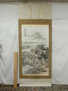 E3154 林玉峰 1 「桃李夜宴図」 肉筆絹本 掛軸 紙箱 大幅 中国書画