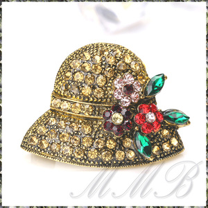 [BROOCH] Crystal Rhinestone Flower Pretty Girl hat クリスタルCZ 可愛い女の子の 帽子 ハット ブローチ 【送料無料】