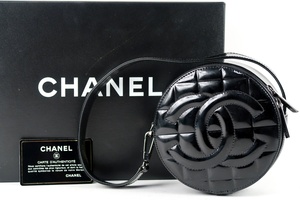 【美品】CHANEL シャネル チョコバー パテント 丸形 ココマーク ハンドバッグ エナメル ブラック【OD80】