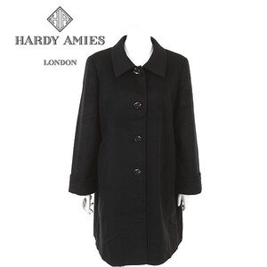 A5755/極美品 秋冬 HARDY AMIES ハーディエイミス カシミヤ100% 無地 袖折り返し ロング 膝丈 ステンカラーコート 43 L程 黒/レディース