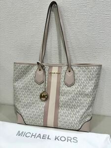 ◇美品 MICHAEL KORS マイケルコース トートバッグ ハンドバッグ MK柄 ホワイト×ピンク系 レディース 保存袋付