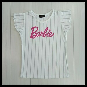 美品★Barbie★バービー ストライプ 半袖 Tシャツ 白×グレー 130★送料185円 女の子 子供服 キッズ