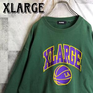 希少 美品 XLARGE エクストララージ 刺繍センターロゴ アーチロゴ バスケットボール スウェット トレーナー グリーン 緑 XL