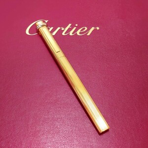 超美品 Cartier カルティエ トリニティ キャップ式 ボールペン Three Colors GOLD 3色 ゴールド ストライプ加工本体 MADE IN FRANCE 