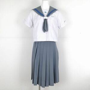 1円 セーラー服 スカート 上下2点セット 150 トンボ 夏物 青3本線 女子 学生服 鹿児島喜入中学 白 制服 中古 ランクC NA7289