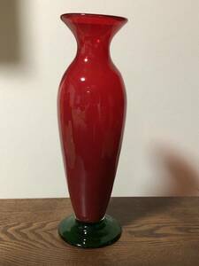 手作り　工芸ガラス　花瓶　クラフトガラス　赤と緑　吹きガラス　高さ32cm　花瓶 フラワーベース　気泡あり