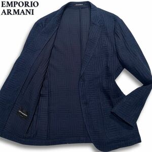 極美品/希少L◎ EMPORIO ARMANI 黒タグ テーラードジャケット リネン サマージャケット 春夏◎ 幾何学柄 凹凸デザイン ストレッチ ネイビー