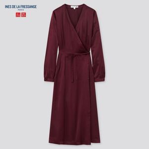 YM5★送料無料☆新品未使用★UNIQLO×INES DE LA FRESSANGE☆ユニクロ×イネス・ド・ラ・フレサンジュ★シルクラップワンピース☆ワインM★